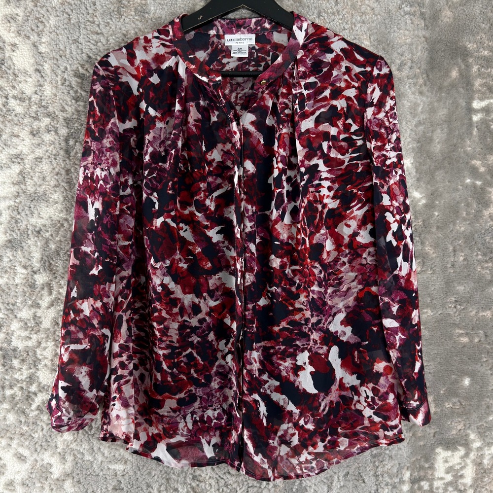 Liz Claiborne Petites Size Mp Abstract Floral Sheer Blouse Red Long Sleeve Women